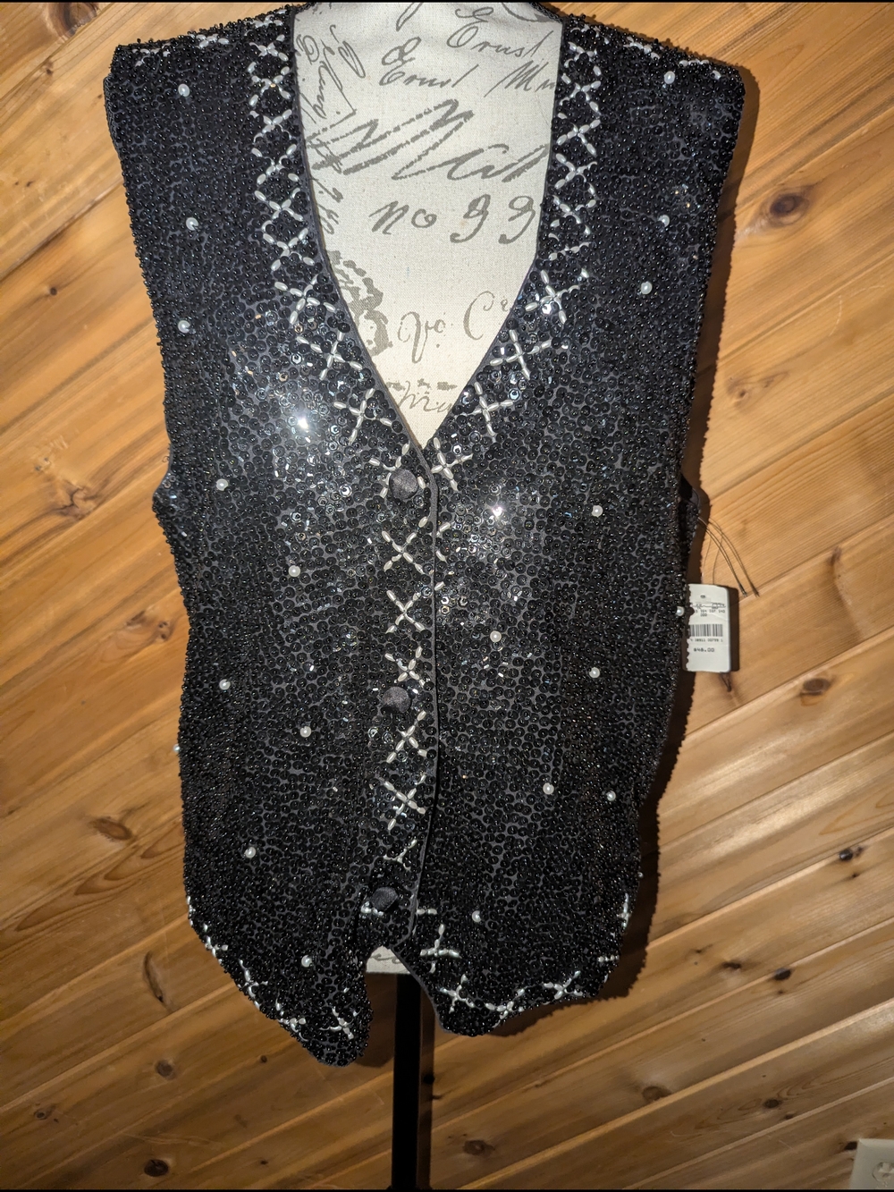 Vintage Theo Black Sequin & Faux Pearl Beaded Evening Vest